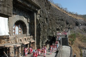 School group at Ajanta caves